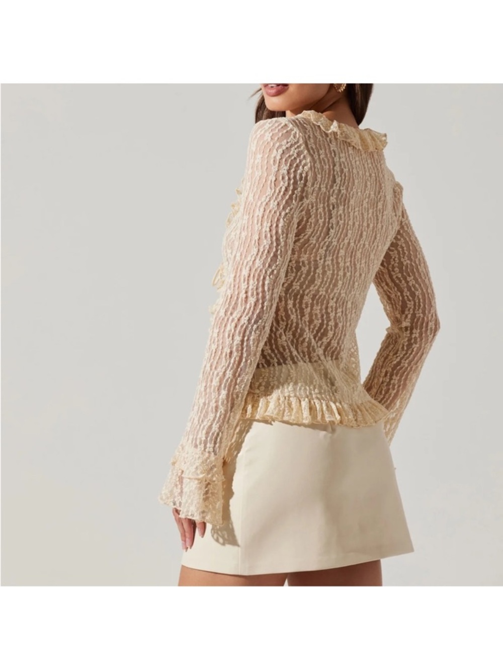 Sheer Ruffle Tie-Front Blouse in Cream - Picture 3 of 4